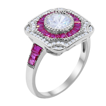 Antique Style Engagement Ring Baguette Simulated Ruby CZ 925 Sterling Silver